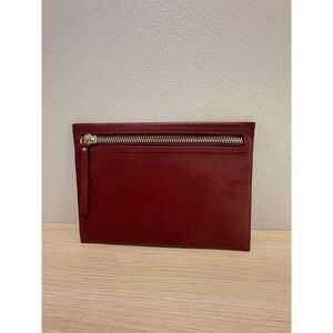 Barneys New York Burgundy Saffiano Leather Zip Clutch Bag Gold Hardware